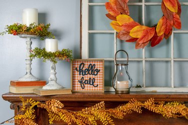 Hello fall sign on the mantel - cozy fall home decor