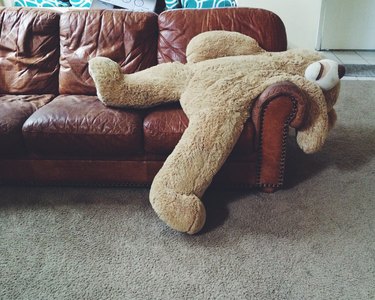 Stuffed teddy bear laying on couch
