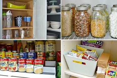 A collage of four photos, showing well-organized kitchen cabinet and pantry shelves.
