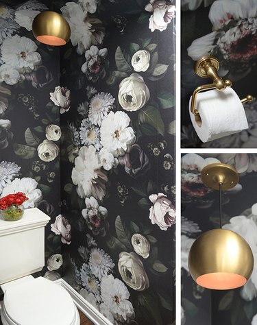 Powder room with bold floral wallpaper