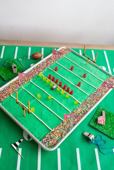 DIY football stadium sheet pan cake on table