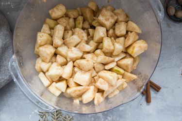 Pear filling mixture in a mixing bowl