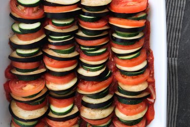Layer vegetables in baking dish