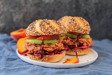 Two barbecue pulled jackfruit sandwiches