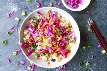 Bowl of rice with jackfruit, cabbage, and green onion