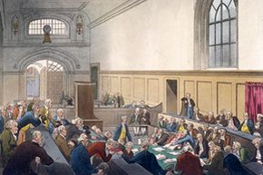 Examination of a bankrupt man  before his creditors in the Court of King's Bench, Guildhall, London, 1808.